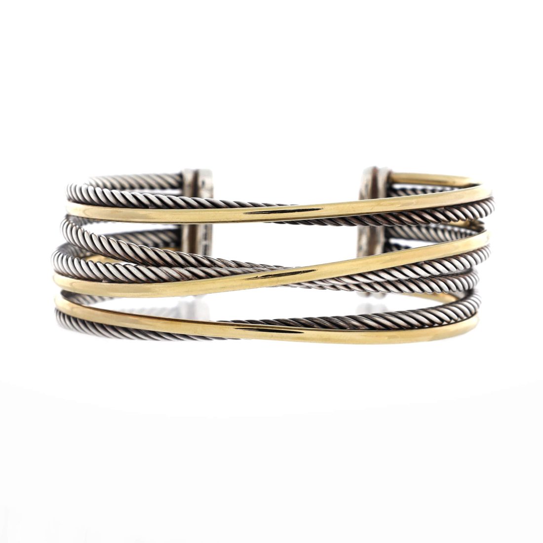 David Yurman Four Row Crossover Cuff Bracelet Sterling Silver and 18K Yellow Gold 
