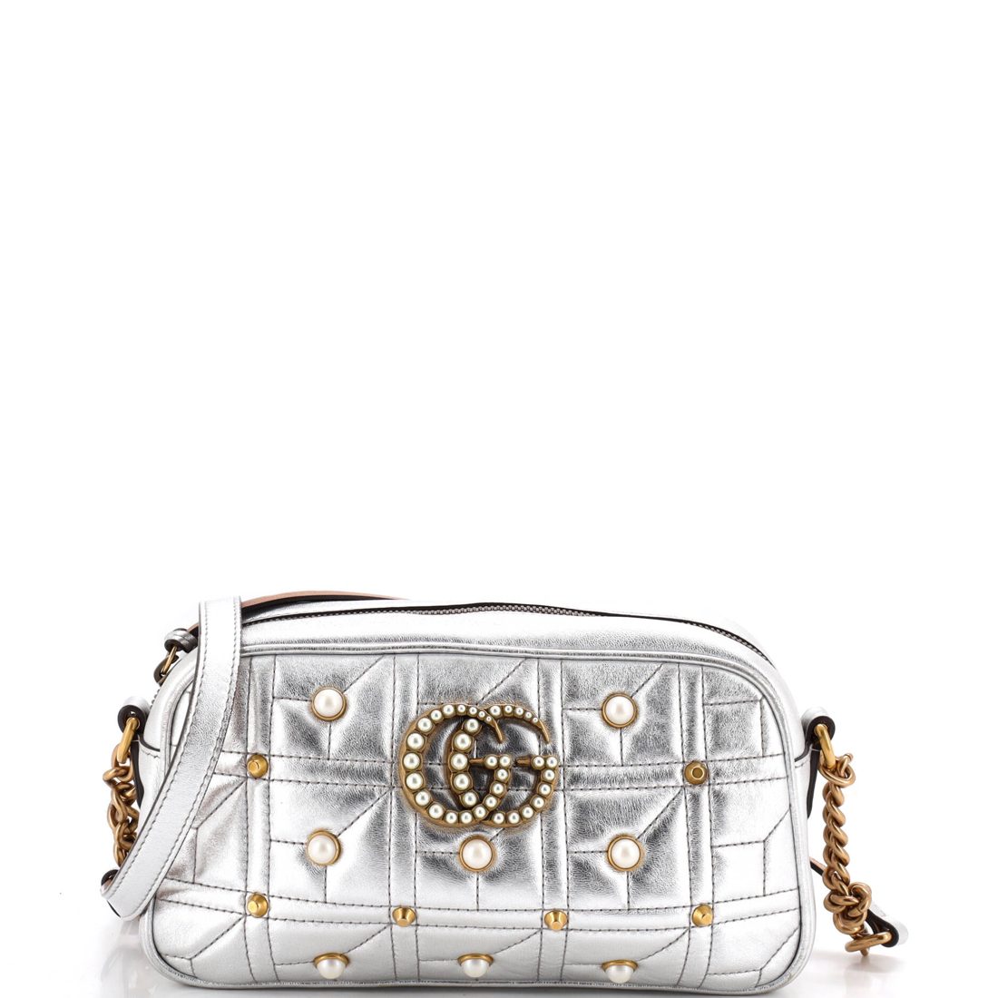 Gucci Pearly GG Marmont Shoulder Bag Embellished Matelasse Leather Small