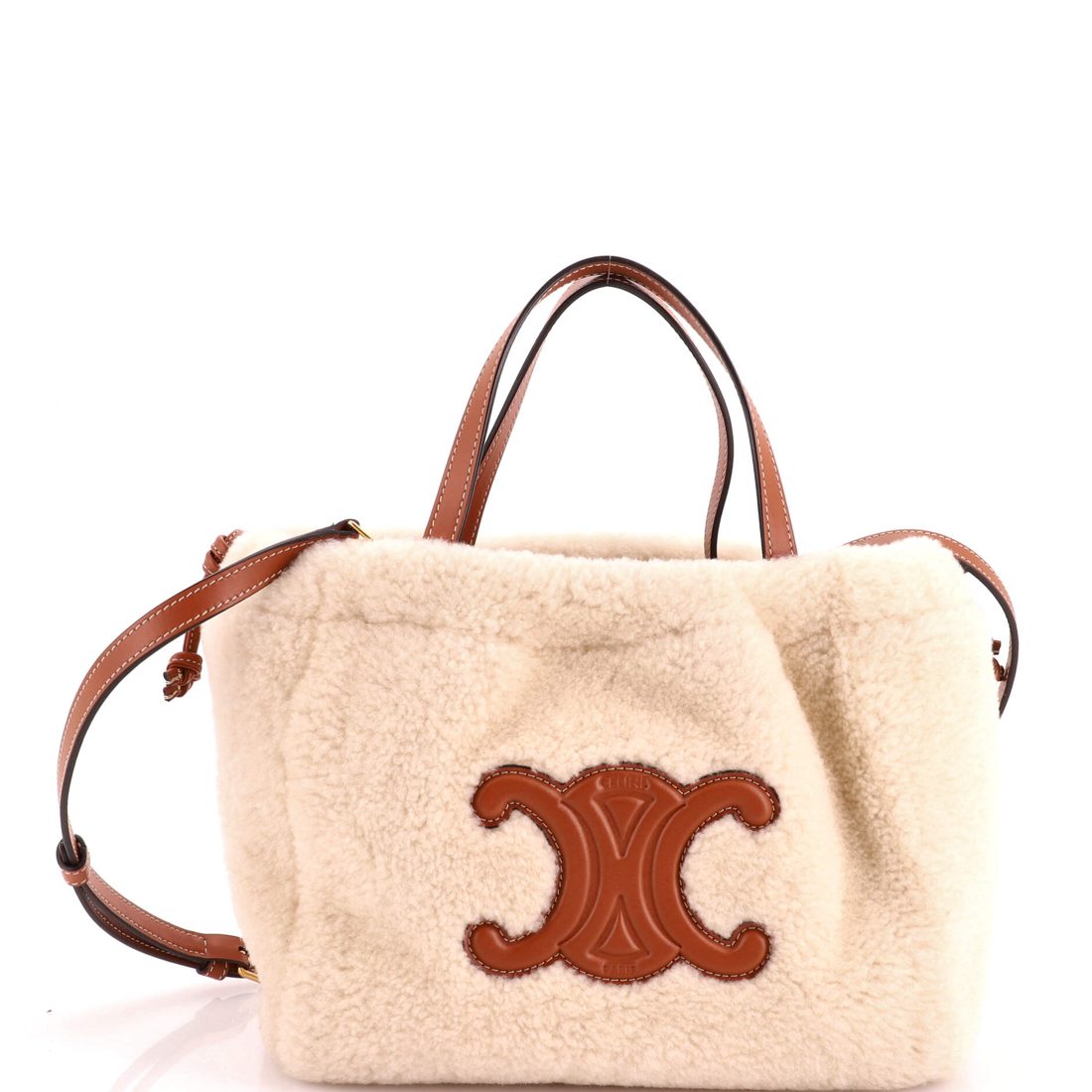 Celine Cuir Triomphe Cabas Drawstring Tote Shearling with Leather Small