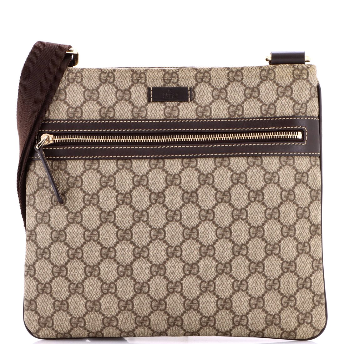 Gucci Front Zip Flat Messenger Bag GG Coated Canvas Medium