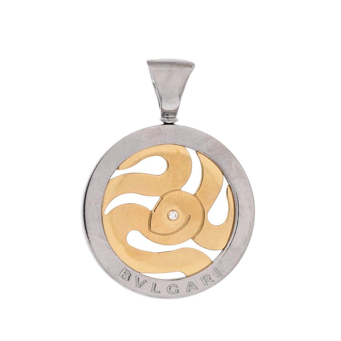 Bvlgari Tondo Snake Pendant Charm 18K Yellow Gold and Stainless Steel with Diamond 
