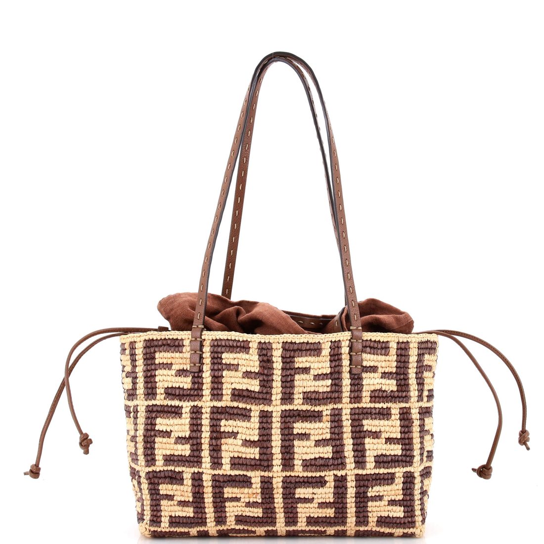 Fendi Roll Drawstring Tote Zucca Raffia with Leather Small