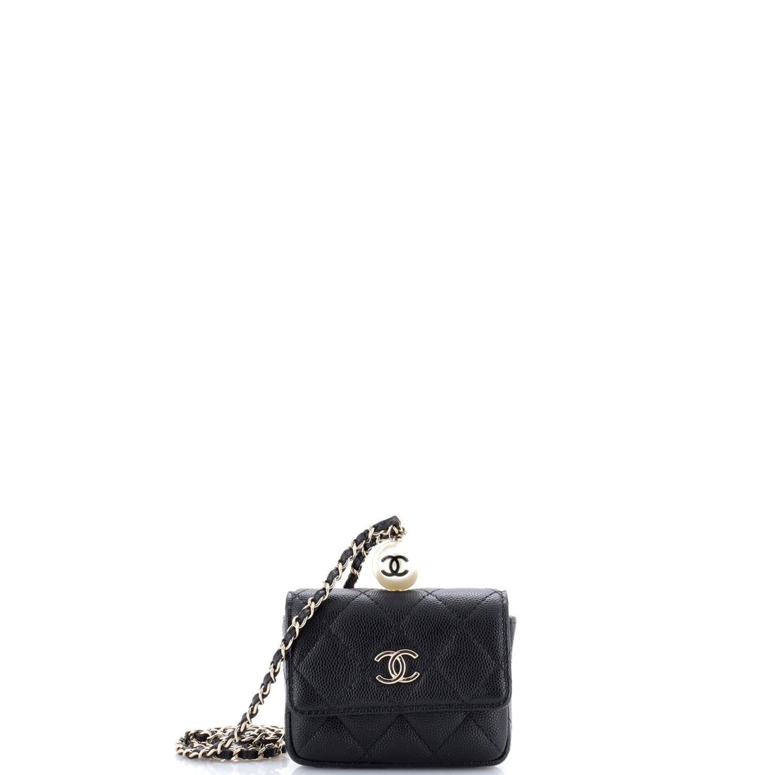 Chanel CC Pearl Coin Card Holder with Chain Quilted Caviar 