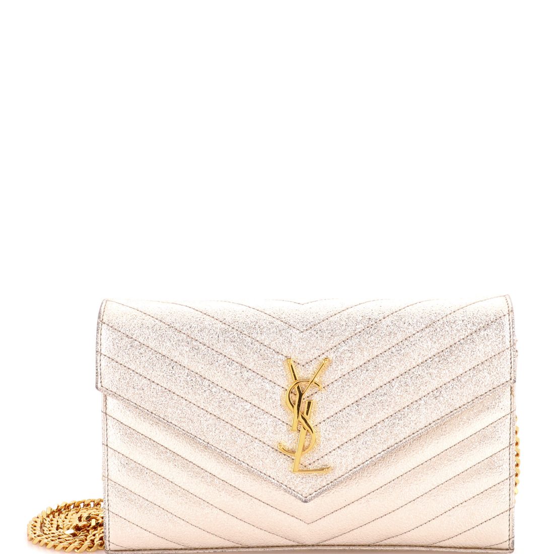 Saint Laurent Classic Monogram Wallet on Chain Matelasse Chevron Metallic Leather Medium