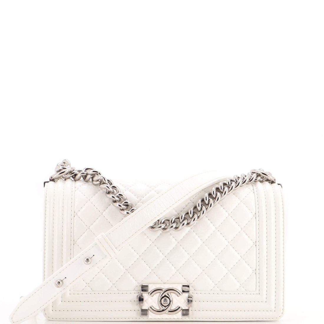 Chanel Boy Flap Bag Quilted Crinkled Patent Old Medium