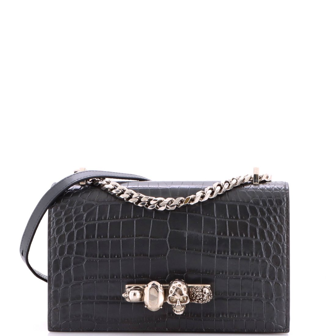 Alexander McQueen Jewelled Flap Satchel Crocodile Embossed Leather Medium