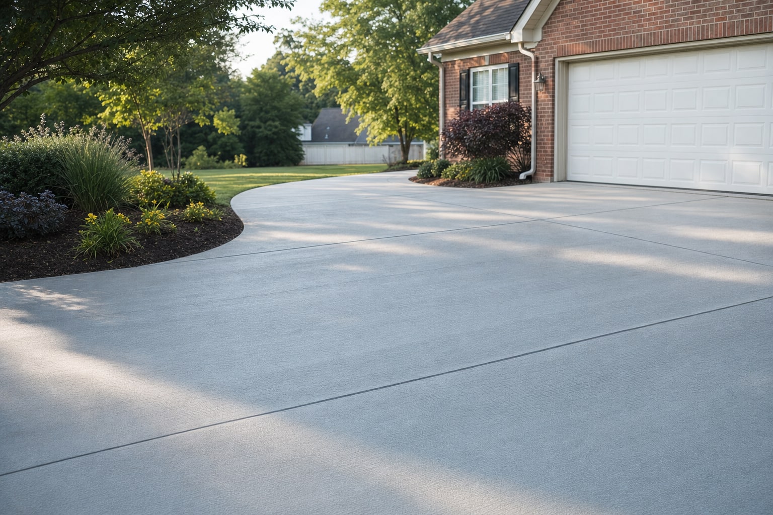 Newly finished residential concrete driveway in morning light