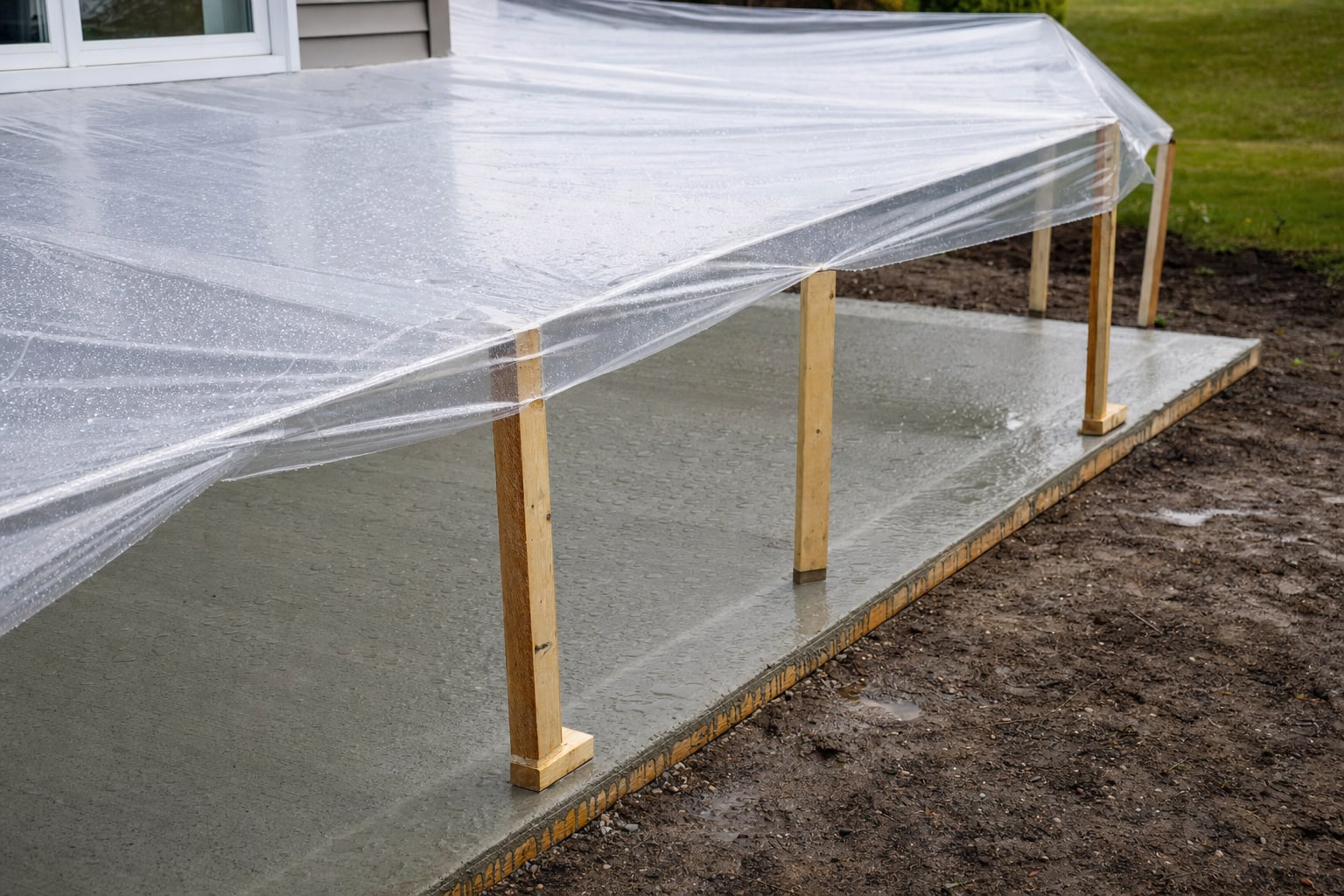 New concrete patio protected beneath a clear cover after rain