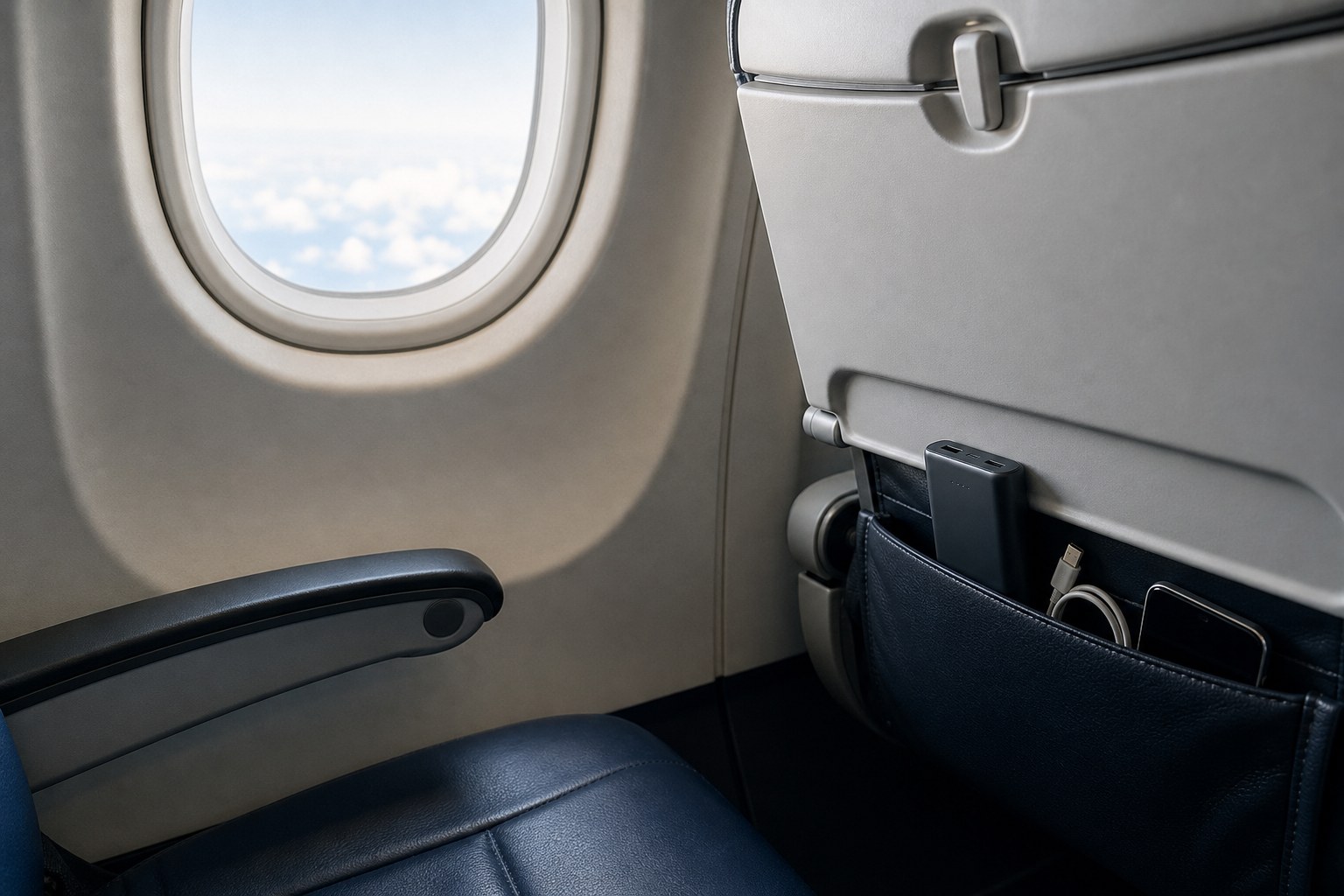 Power bank stored in an airplane seat-back pocket