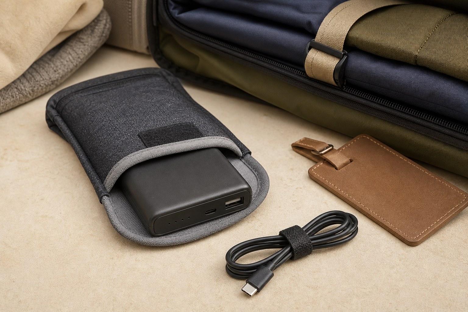 Power bank packed in a protective pouch with a USB-C cable
