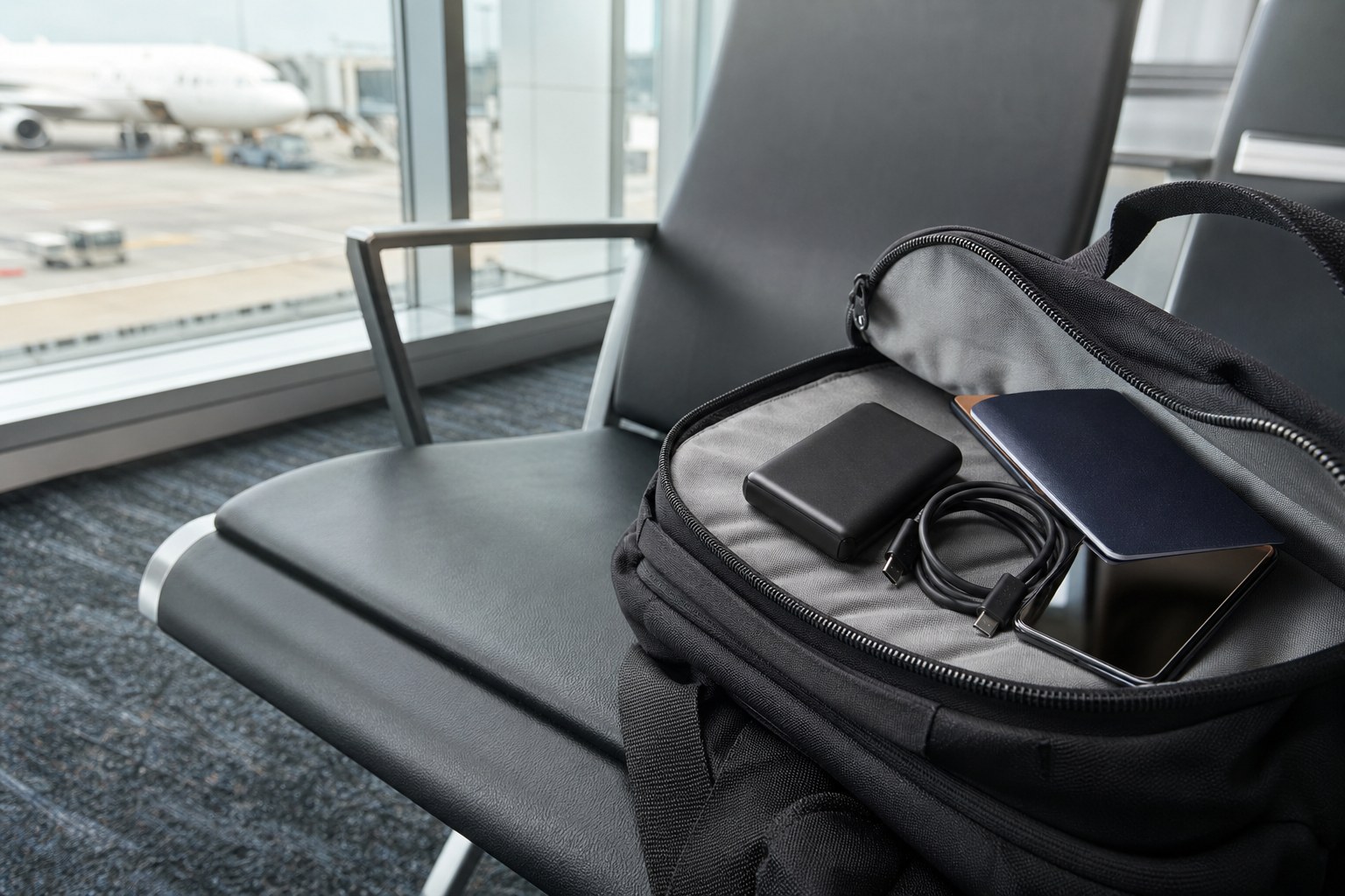 Power bank and charging cable packed in an airport carry-on bag