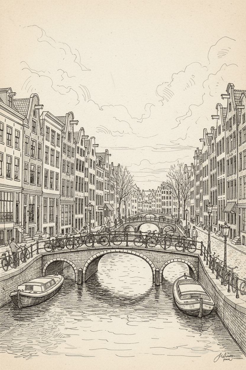 Dreamy City Art Digital Download — Stylish Amsterdam Canal Sketch