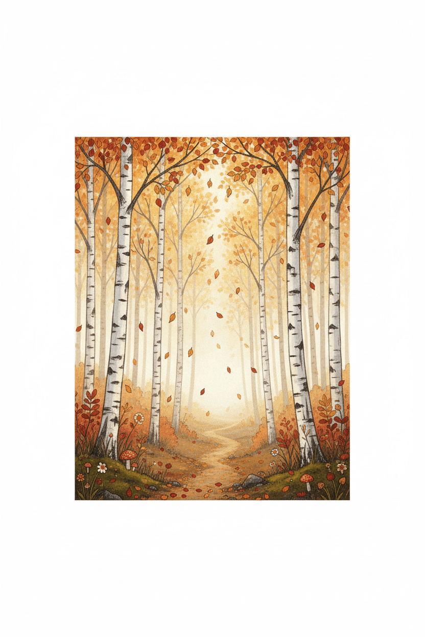 Misty Autumn Forest Digital Art Print - Tranquil Nature Scene for Your Living Room or Workspace