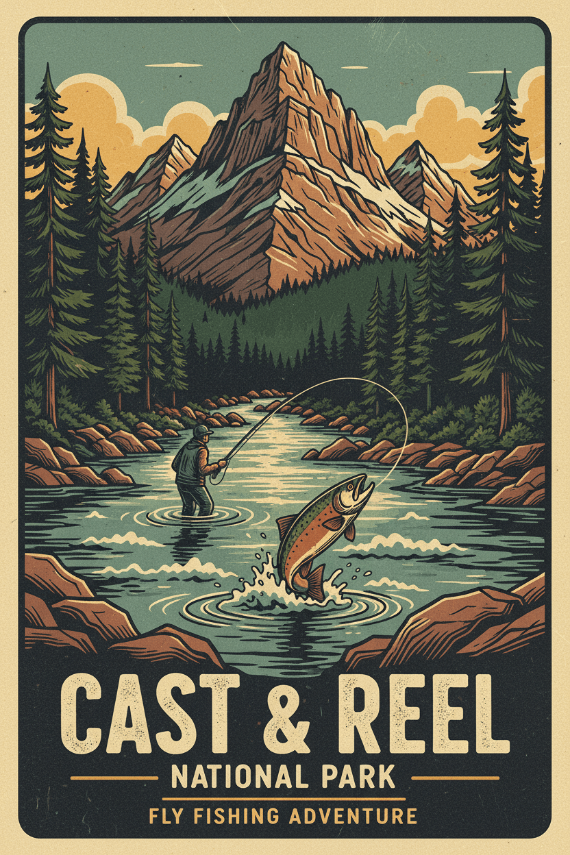 Cast & Reel — Vintage Fly Fishing Poster Art Print | Digital Download