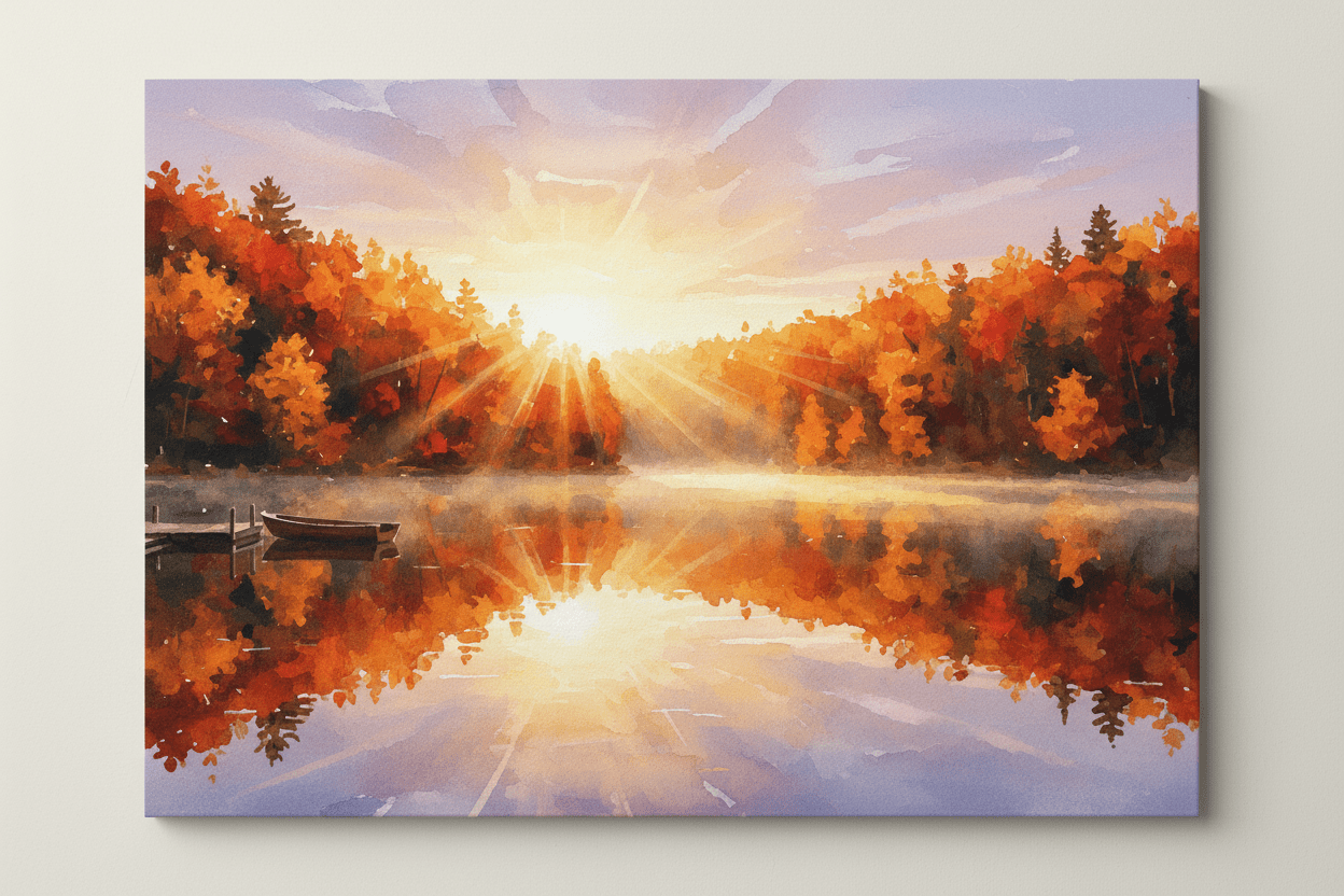 Golden Autumn Lakeview Art Digital Download - Fiery Foliage, Rich Palette, Instant Print