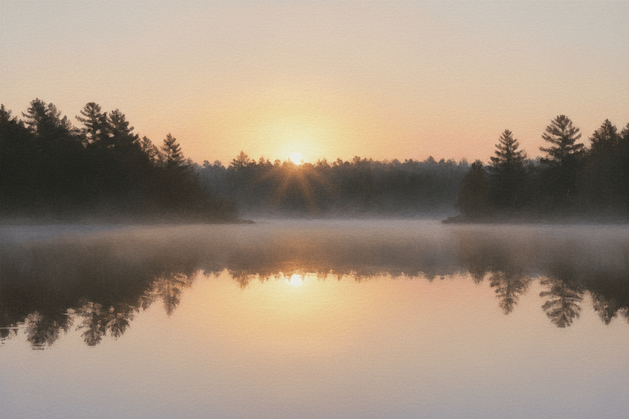 Lakeview Sunrise — Golden Morning Mist | Digital Art Print