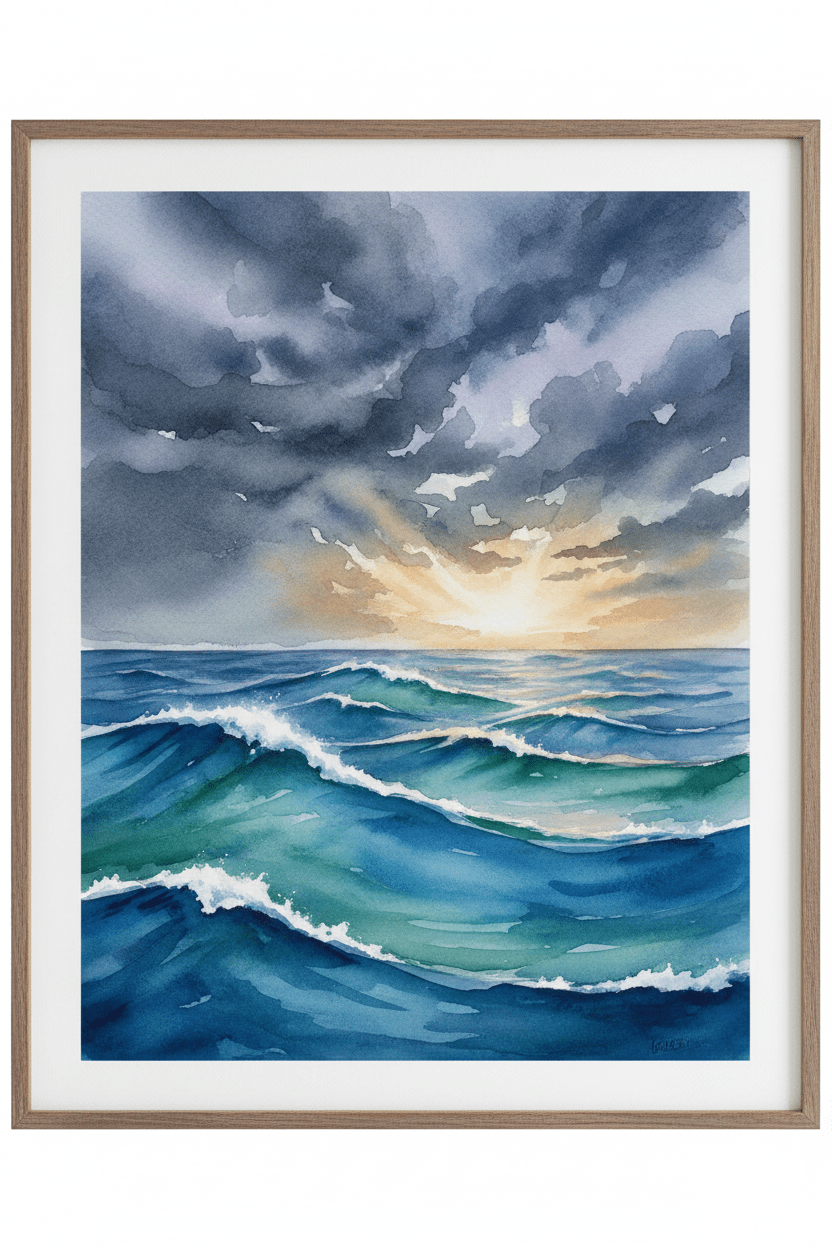 Dive into the depths with this bold ocean art digital download - Stormy seascape watercolor print, instant high-res file