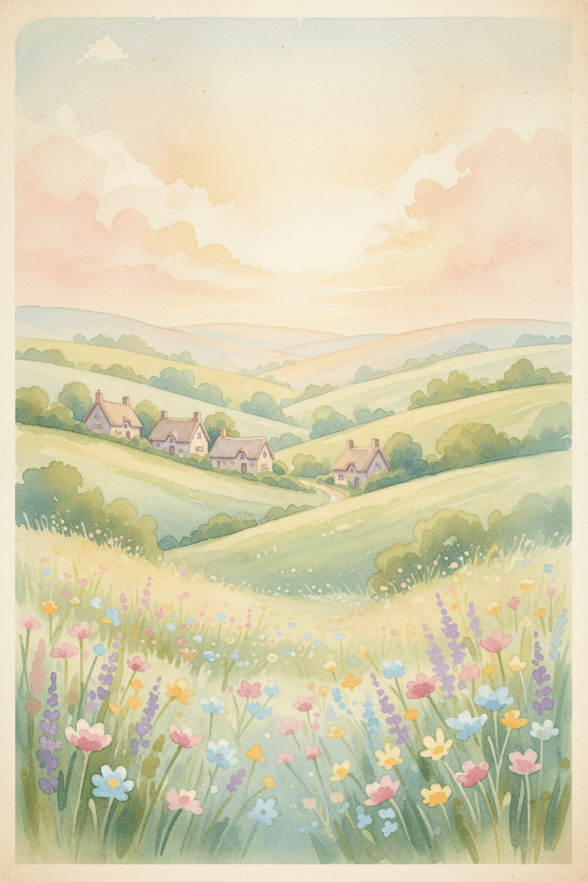 Soft Pastel Countryside Hills at Golden Hour — Watercolor Wall Art Print