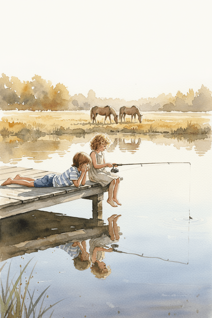 Golden Sunrise Art: Watercolor Print of Children Fishing on Dock - Tranquil Landscape Painting