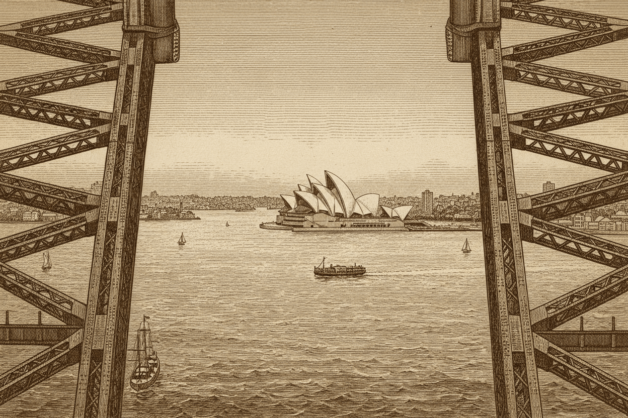 Vintage Sepia Cityscape Art Print - Sydney Harbour Bridge & Opera House Digital Download