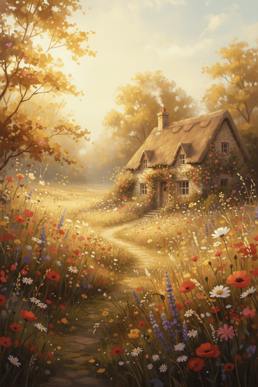 Golden Wildflower Meadow: Vibrant Digital Art Print for Nature Lovers