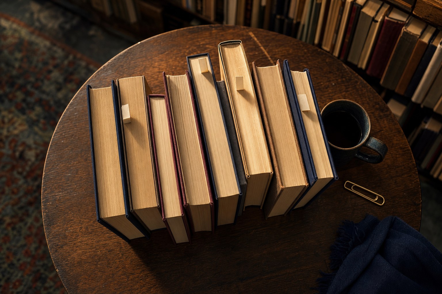 A row of unmarked books ready for a group to choose from