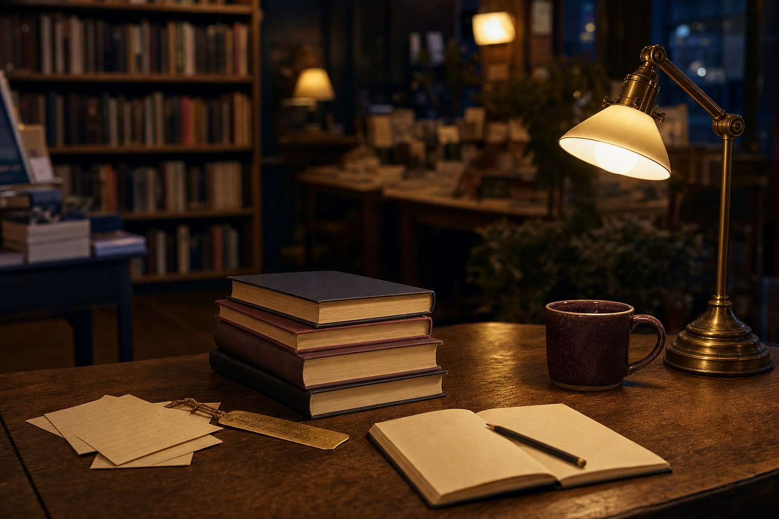 A stack of books, note cards, a brass bookmark, and a glowing lamp on a bookstore table