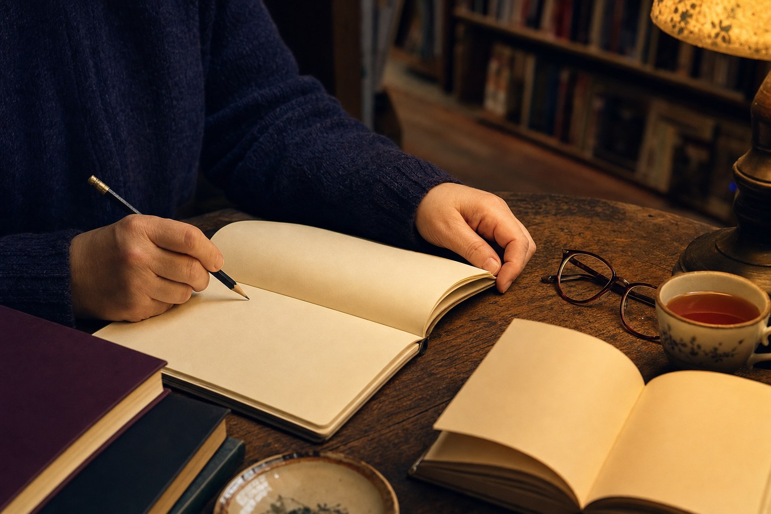 A reader making notes beside an open book at a warmly lit table