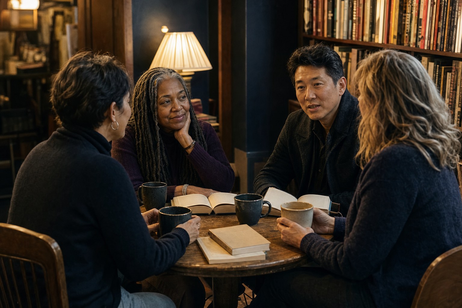 Four readers talking around a bookstore table