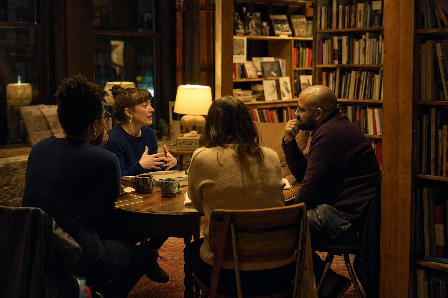Four readers in conversation around a table in a warmly lit bookstore