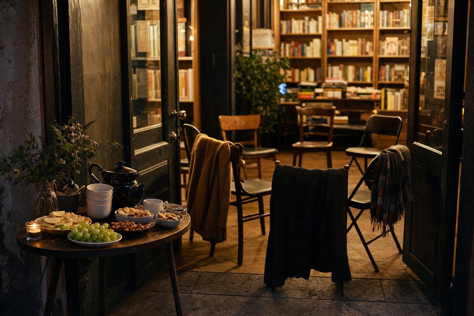 A bookstore seating area prepared for a small book club