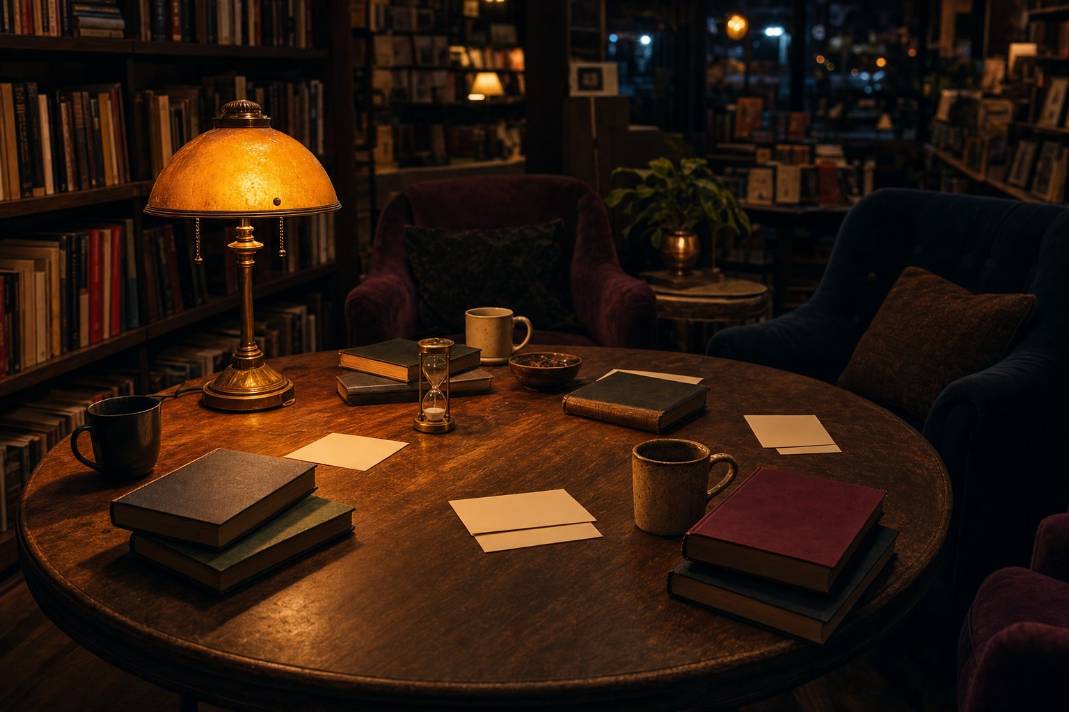 A warmly lit bookstore table set for a book club gathering