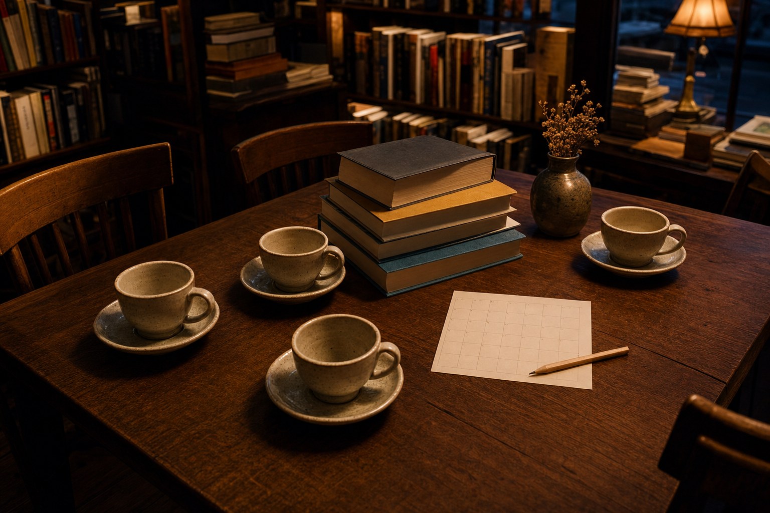 A table set with possible next reads after a book club meeting