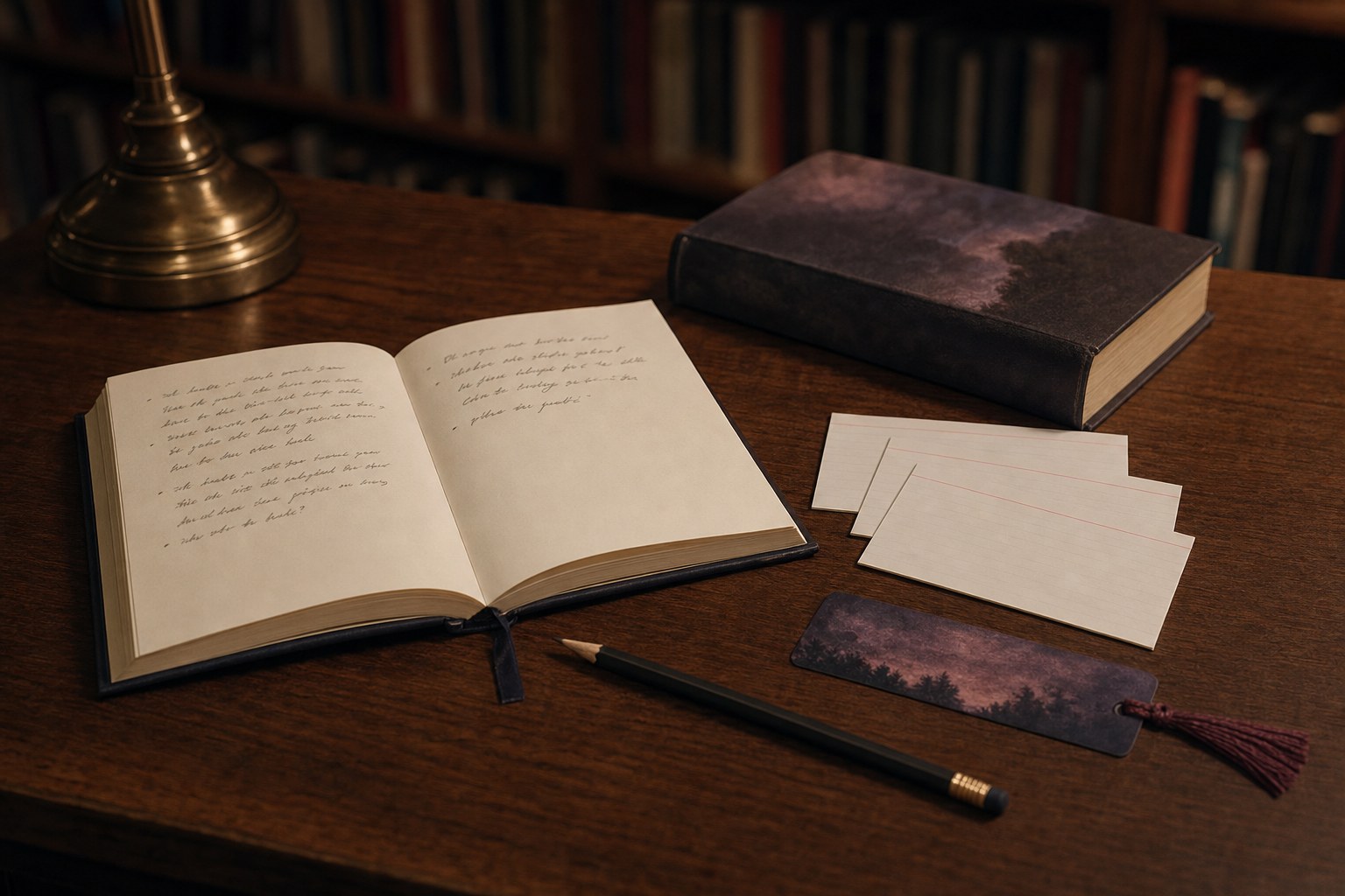 Discussion cards and a notebook beside a book on a bookstore table