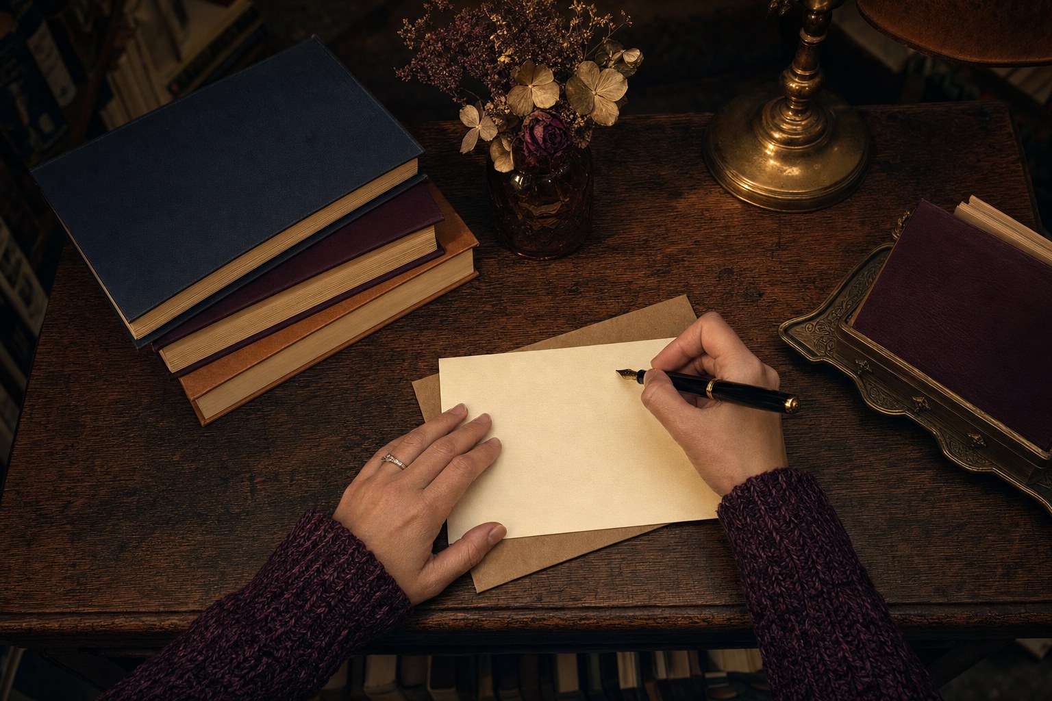 Hands writing a book club invitation beside a stack of books