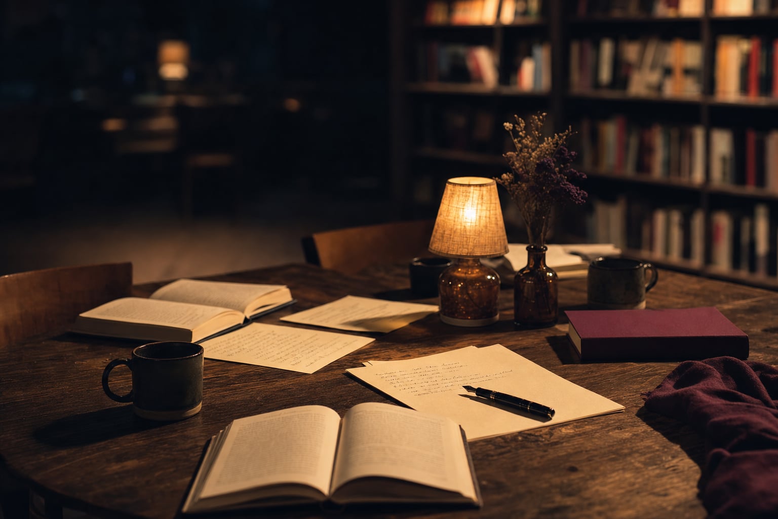 Books, notes, mugs, and a glowing lamp set for a book club conversation