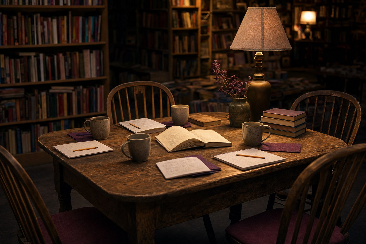 A warmly lit bookstore table set with books, notes, mugs, and chairs for a book club
