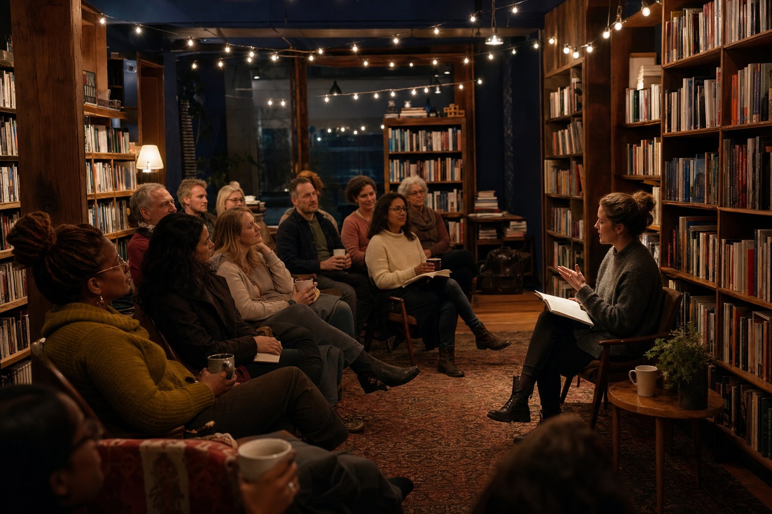 Readers gathered for an evening at a bookstore