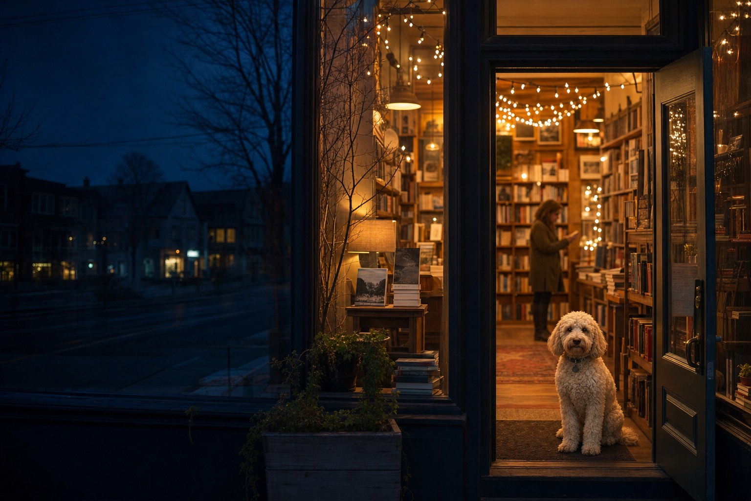 A warmly lit bookstore at night with a doodle dog near the door
