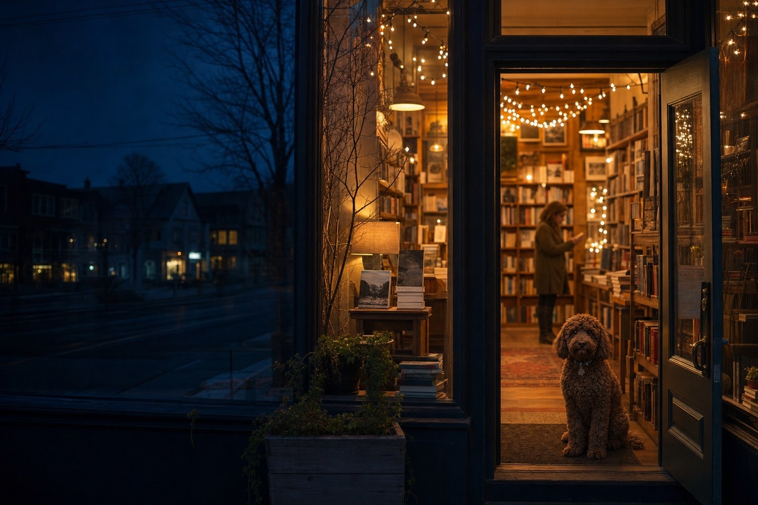 A warmly lit bookstore at night with a doodle dog near the door