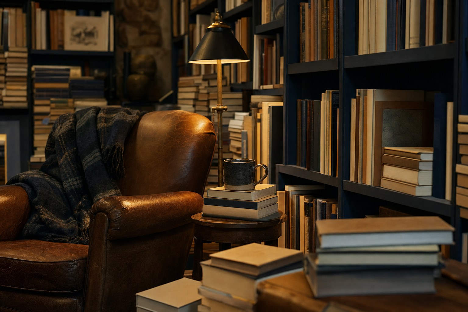 A cozy reading nook with books and a lamp