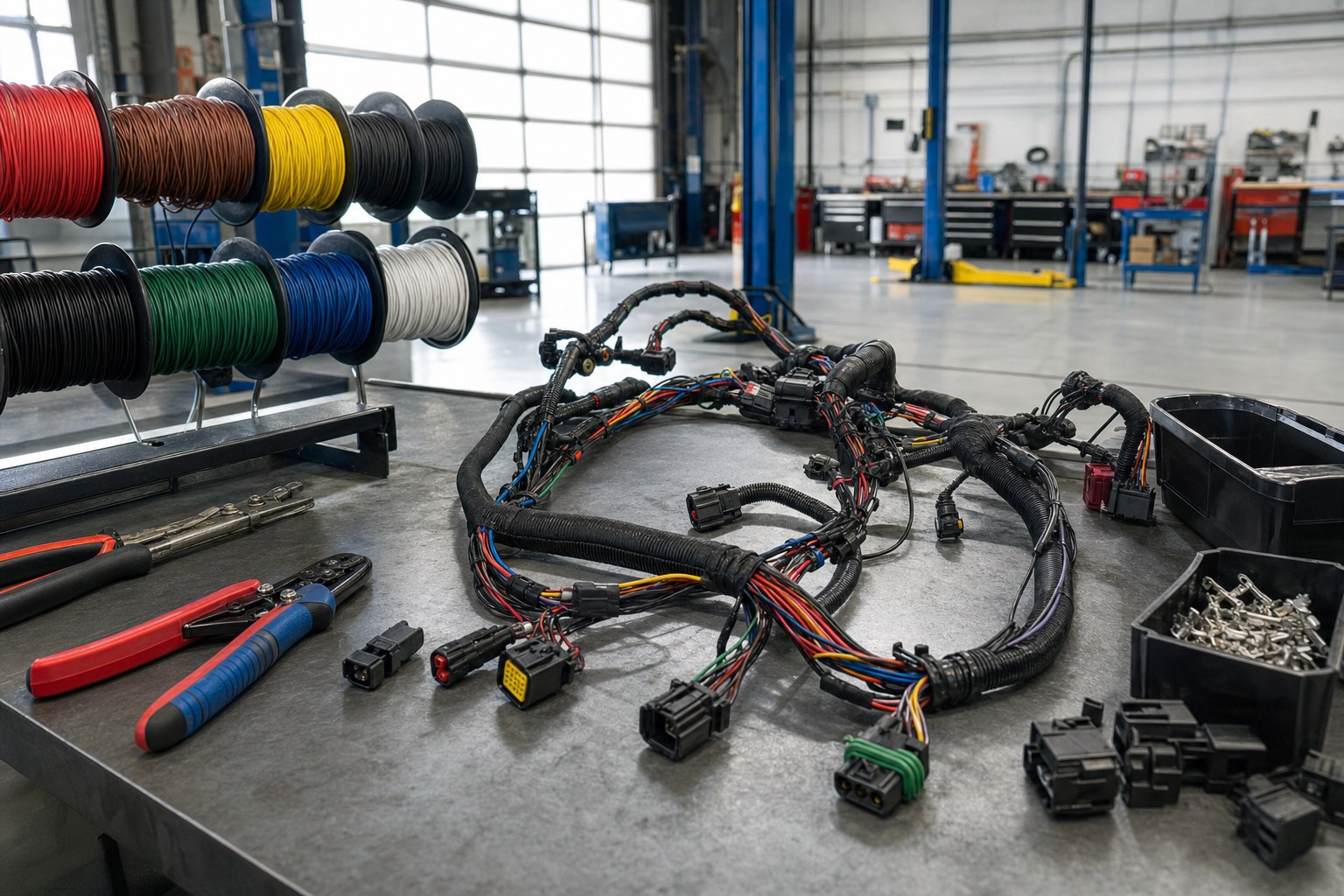 Automotive wiring harness, wire spools and crimping tools on a service workbench