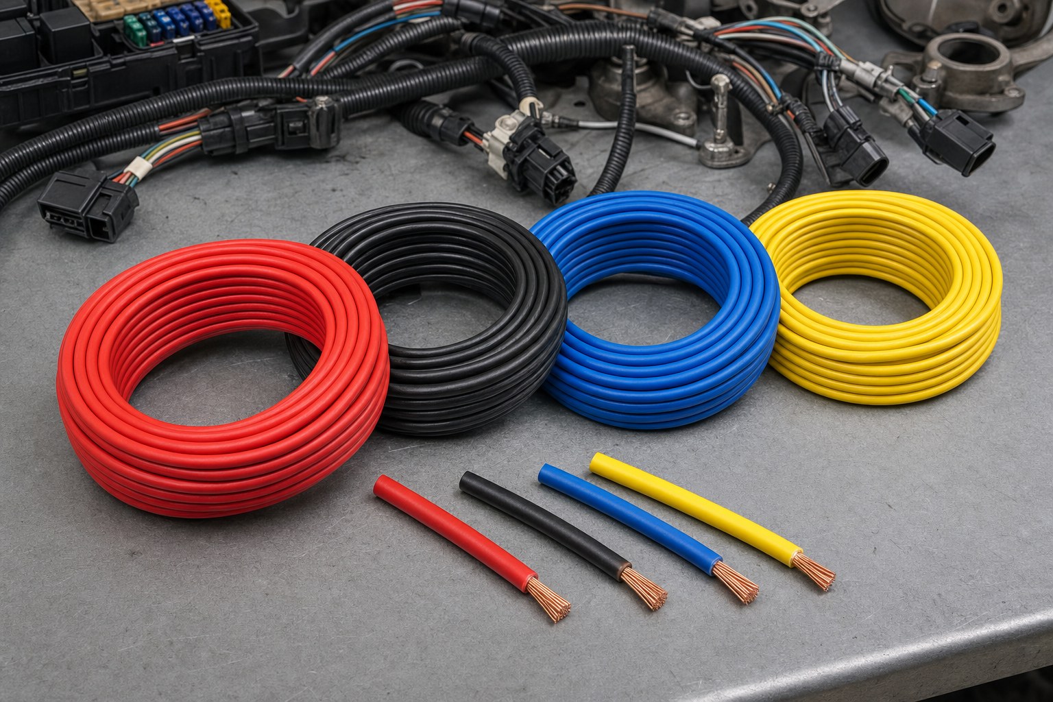 Coils of red, black, blue and yellow automotive primary wire with exposed stranded copper ends