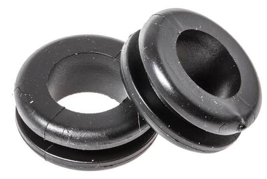 Two black rubber grommets for protecting wire and cable at panel openings