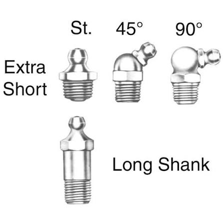 Grease fitting styles: extra-short straight, 45 degree and 90 degree fittings, and a long-shank straight fitting