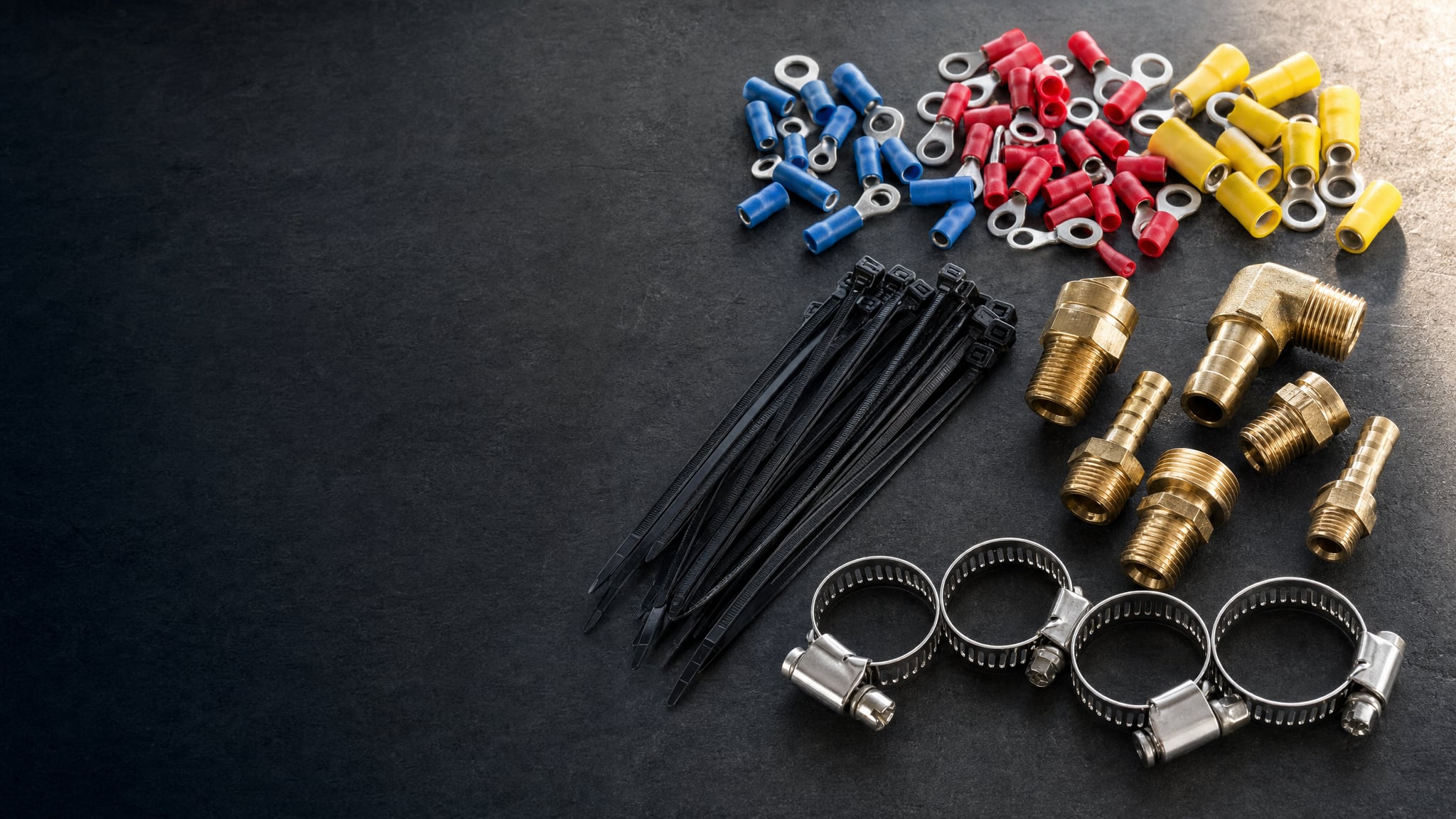 Electrical terminals, wire ties, brass fittings and stainless-steel hose clamps