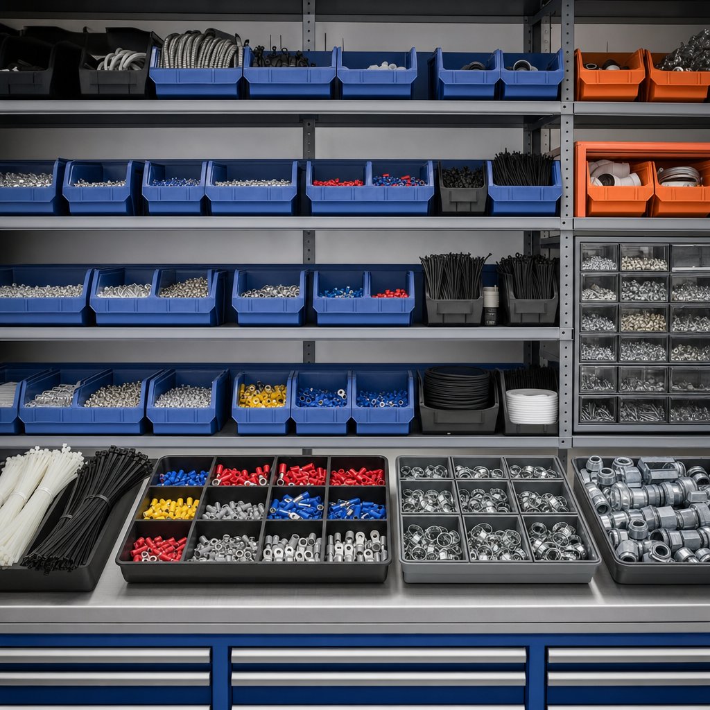 Organized shelves of electrical terminals, cable ties, fittings and hardware