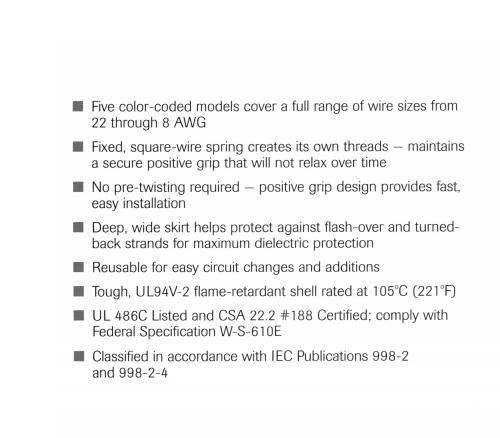 Wire nut features and specifications