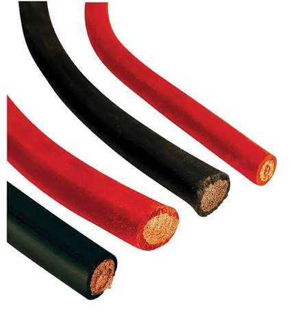 Red and black battery cable with exposed copper conductors