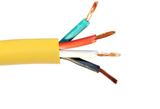 Yellow STO portable cable with exposed color-coded copper conductors